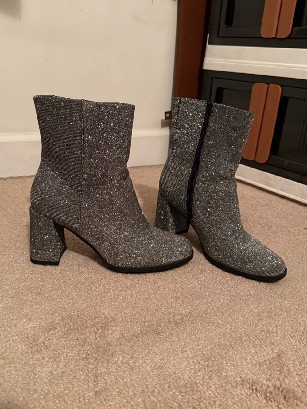 Target Silver Glitter Block Heel Ankle Boots (7.5)